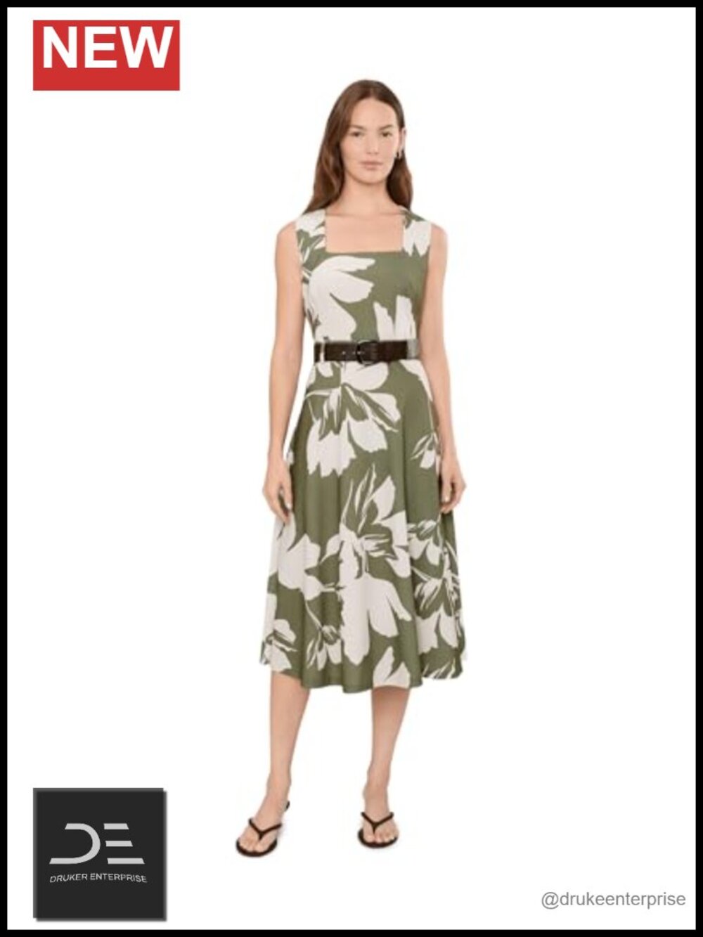 Floral Belted A-Line Midi Dress Square Neck Sleeveless
